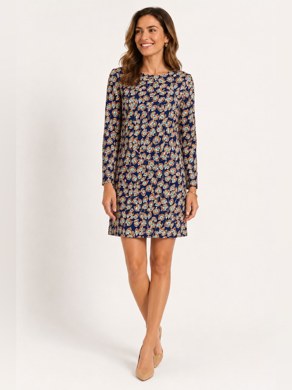 J. McLaughlin Catalina Cloth Sophia Shift Dress XL Navy, Blue, Orange Leaf Print